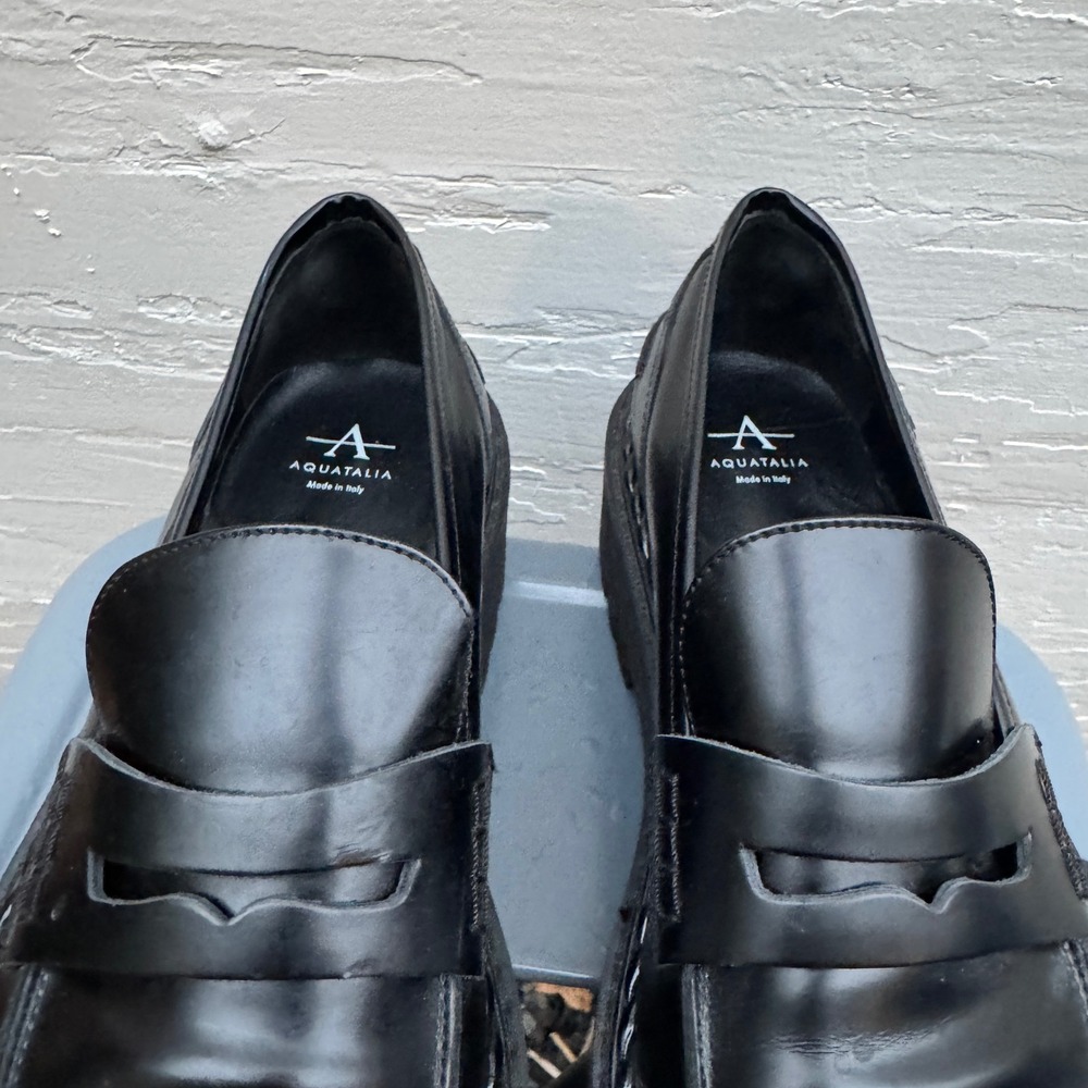 Aquatalia Platform Penny Loafers 10 Black Leather Chunky Lug Sole Waterproof y2k - Picture 2 of 11